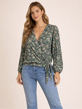 Lucky Brand Floral Wrap Blouse in Green
